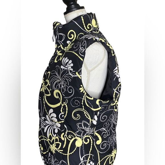Athleta XL Goose Down Puffer Vest Black Yellow Floral Adjustable Jacket Women’s - Picture 4 of 6